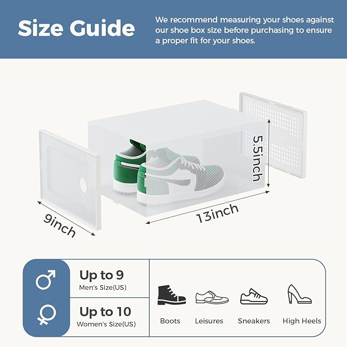 DUMOS Stackable Shoe Storage Boxes, 12-Pack Plastic Shoe Organizers with Lids, Large Shoe Rack & Holder for Closet, Under Bed, Entryway, Sneaker Display and Storage Containers, White