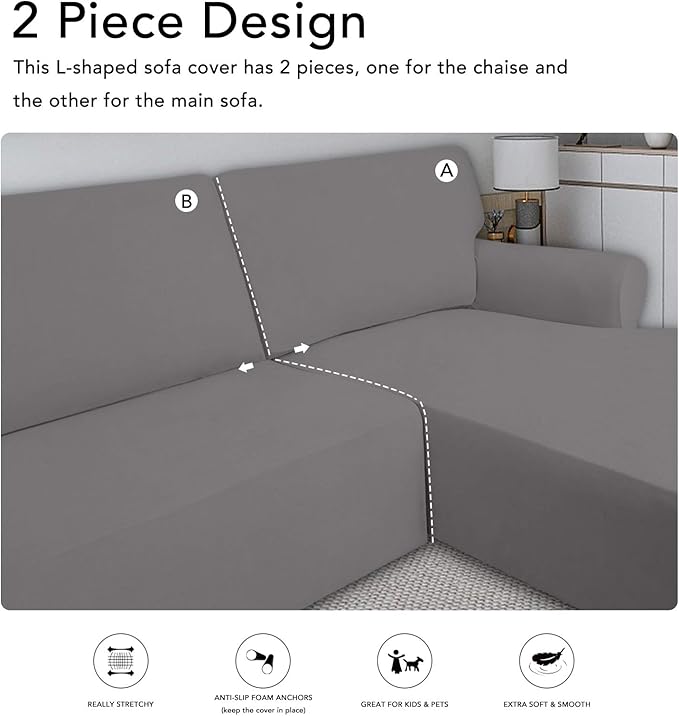 PureFit Super Stretch Sectional Couch Covers - 2 pcs Non Slip Sofa Covers with Elastic Bottom for L Shape Sectional Sofa Couch, Great for Kids & Pets (3 Seat Sofa + 3 Seat Chaise, Light Gray)