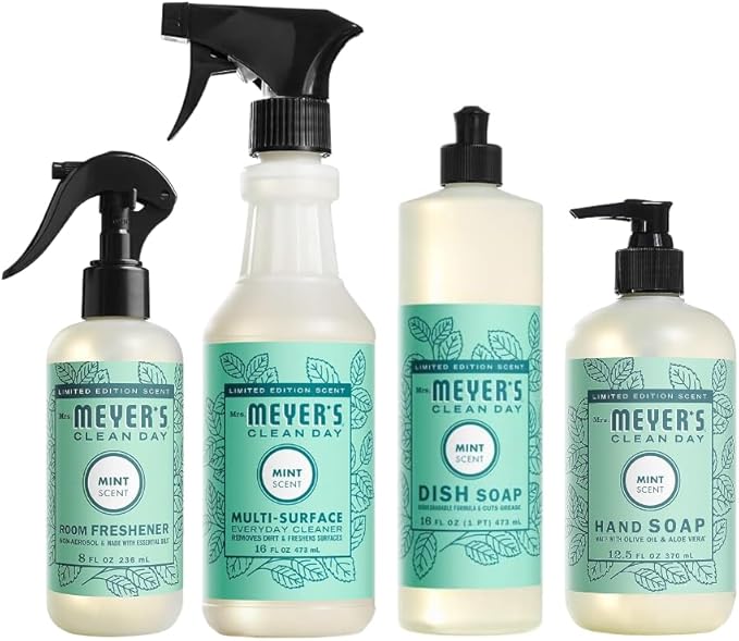 Mrs. MEYER'S Mint Variety Pack Includes 1 Room Freshener, 8 OZ, 1 Liquid Dish Soap, 16 OZ, 1 Liquid Hand Soap,12.5 OZ, 1 Multi-Surface Cleaner 16 OZ, 1 CT (Mint)