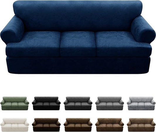 4-Piece T Couch Cover - Leather Look Slipcovers for 3 Cushion Sofa, Washable, Navy