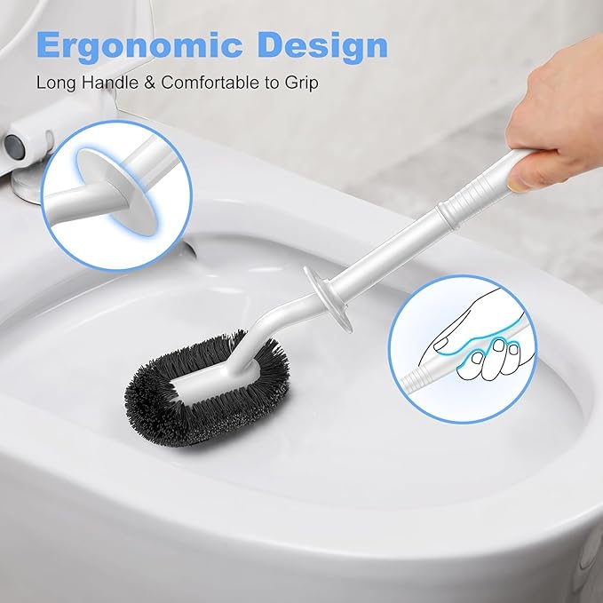 HAMITOR Toilet Bowl Brush Holder Set: Curved Design with Holder for Deep Cleaning Under Rim - Compact Hidden Scrubber for Small Space - Modern RV Bathroom Accessories - White (Pack of 2)