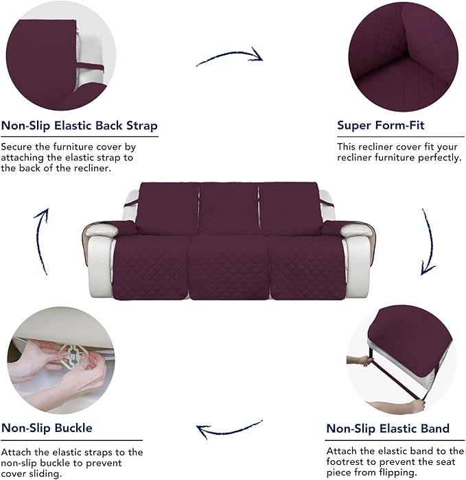 PureFit Water Resistant Reversible Sofa Covers for Reclining Sofa 3 Seat - Non Slip Split Recliner Couch Cover for 3 Cushion Couch, Washable Furniture Protector for Kids, Dogs (3 Seat, Wine/Beige)