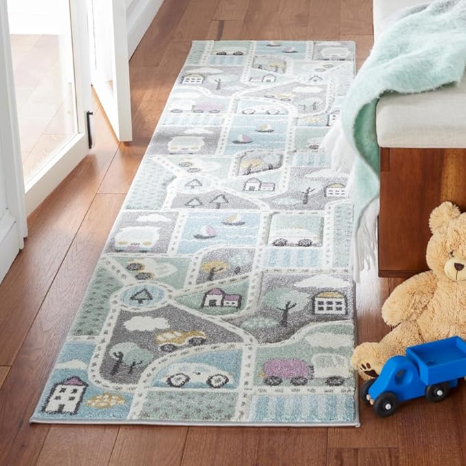 SAFAVIEH Carousel Kids Collection Runner Rug - 2'3" x 6', Grey & Light Blue, Non-Shedding & Easy Care, Ideal for High Traffic Areas for Boys & Girls in Playroom, Nursery, Bedroom (CRK193F)