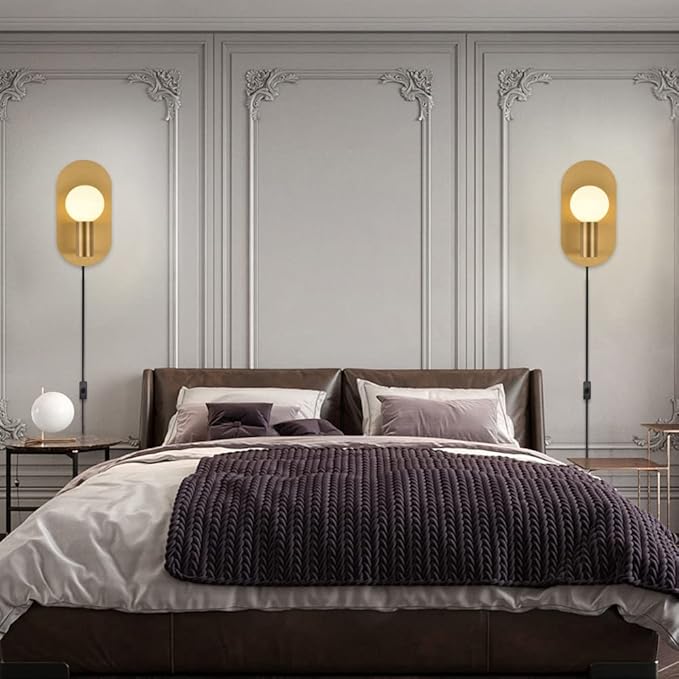 Modern Wall Sconce Plug in Gold Mid-Century Sconces Wall Lighting Cord with On Off Switch Brushed Stainless Steel Sconces Wall Mounted Lighting Fixture for Bedroom Living Room Bathroom