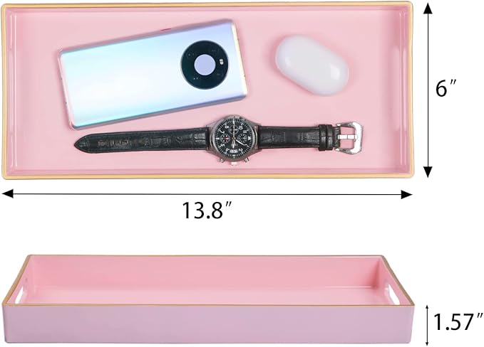 MAONAME Pink Vanity Tray, Bathroom Counter Tray, Decorative Trays with Handles, Storage Dresser Trays Organizer for Perfume, Jewelry, Makeup, 13.8" x 6" x 1.57"