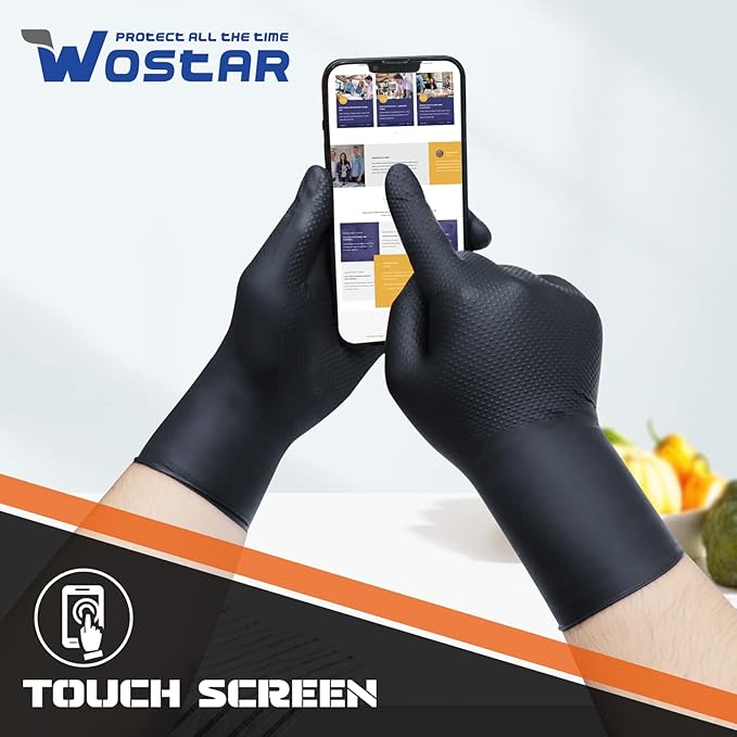 Wostar Black Raised Diamond Texture 8 Mil Nitrile XLarge Glove Latex & Powder Free 100 Count Black Nitrile Disposable Glove