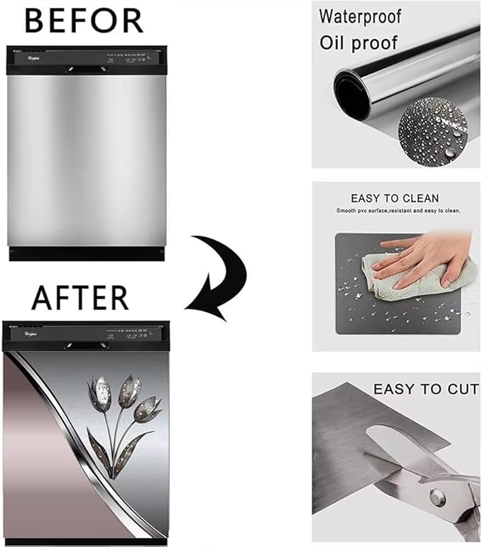 Metal Flower Magnet Dishwasher Cover,Floral Metal Texture Decal for Dishwasher Front Door,Pink Polishing Steel Kitchen Dishwsher Magnetic Sticker 23'' W x 26'' H