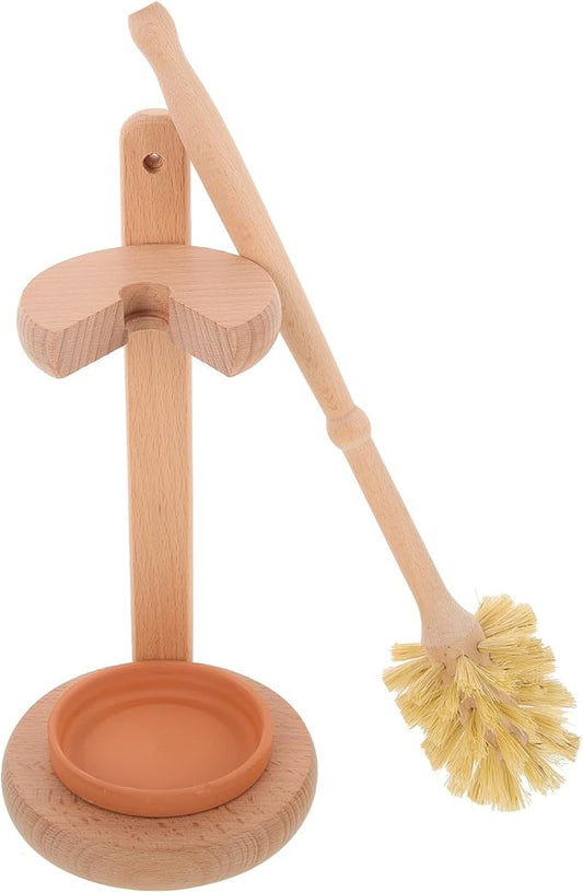 Ceramic Toilet Brush Beech Wood Base Set with Long Handle Bowl Brush for Bathroom Toilet Cleaning for Deep Cleaning and Hygiene