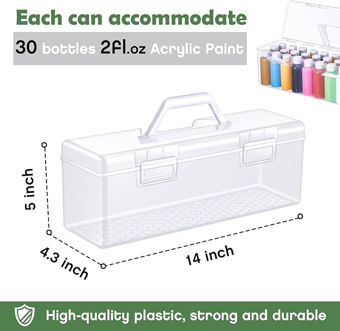 3 Pcs Acrylic Paint Storage Box for 2 Fl. oz Acrylic Paints, Portable Craft Art Organizer with Handle, 30 Bottles Capacity Plastic Art Supply Clear Boxes (White)