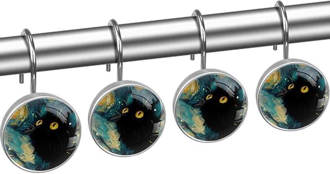 12 Packs Abstract Starry Sky Cat Pattern Shower Curtain Hooks, Stainless Steel Glass Shower Curtain Rings for Bathroom Decor, Metal Rustproof Curtain Rod Hooks