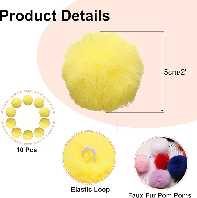 uxcell 2 Inch Faux Fur Pom Pom Balls, 10 Pcs Yellow Fluffy Soft Faux Fur Pom Poms for Hats with Elastic Loop for DIY Knitting Hats Keychain Scarves Gloves Bags Shoes Accessories