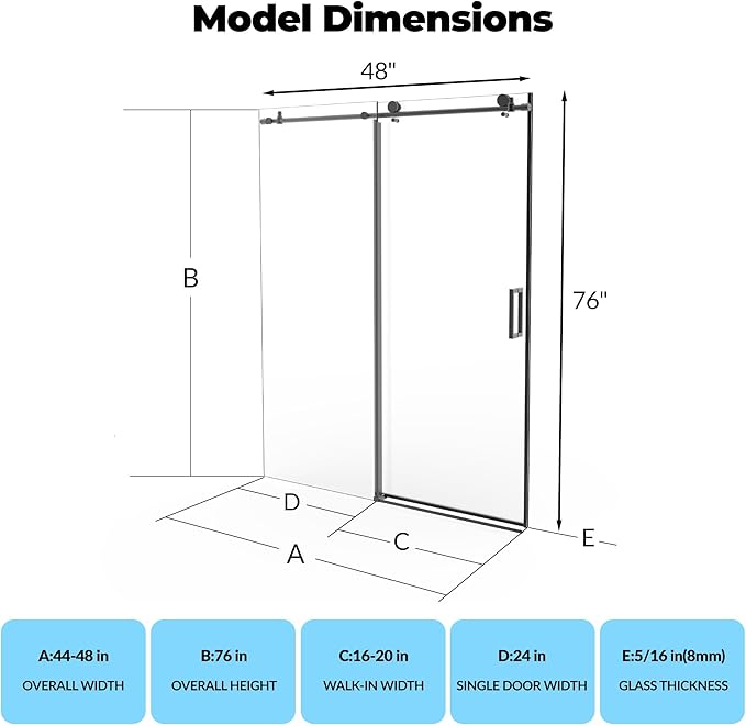 Frameless Sliding Shower Door 44–48 Inch W x 76 Inch H – Single Sliding Glass Door with Fixed Panel, 8mm Easy-Clean Tempered Glass, Stainless Steel Round Rail & 55 Rollers, Matte Black