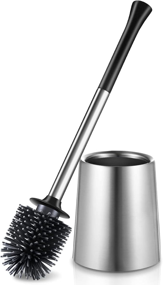 HAMITOR Toilet Bowl Brush Holder Set: Silicone Stainless Steel Deep Cleaning Toilet Cleaner Brush for Bathroom Restroom - Compact Modern Rv Toilet Scrubber Accessories with Caddy