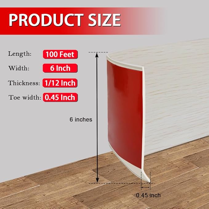 Vinyl Wall Base Baseboard Molding Trim 6" Flexible Self Adhesive Rubber Wall Base Moulding Trim Peel and Stick Design, 6 Inch x 100 Feet, Beige Wood