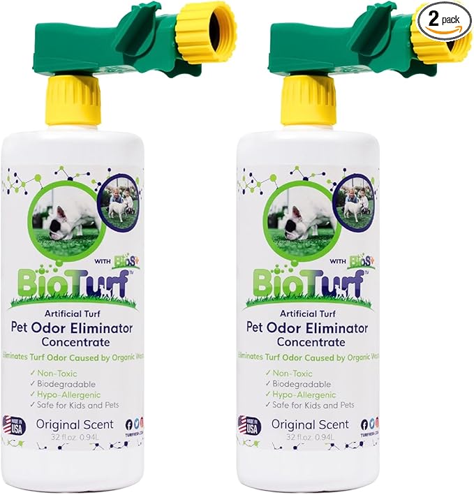 BioTurf BioS+ Odor Eliminator Concentrate - Artificial Turf Cleaner for Dog Urine & Feces - Outdoor Yard Deodorizer Enzyme Odor Eliminator for Fake Grass, Patios, Kennels & Gravel 32 oz Bottle 2-Pack