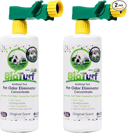 BioTurf BioS+ Odor Eliminator Concentrate - Artificial Turf Cleaner for Dog Urine & Feces - Outdoor Yard Deodorizer Enzyme Odor Eliminator for Fake Grass, Patios, Kennels & Gravel 32 oz Bottle 2-Pack
