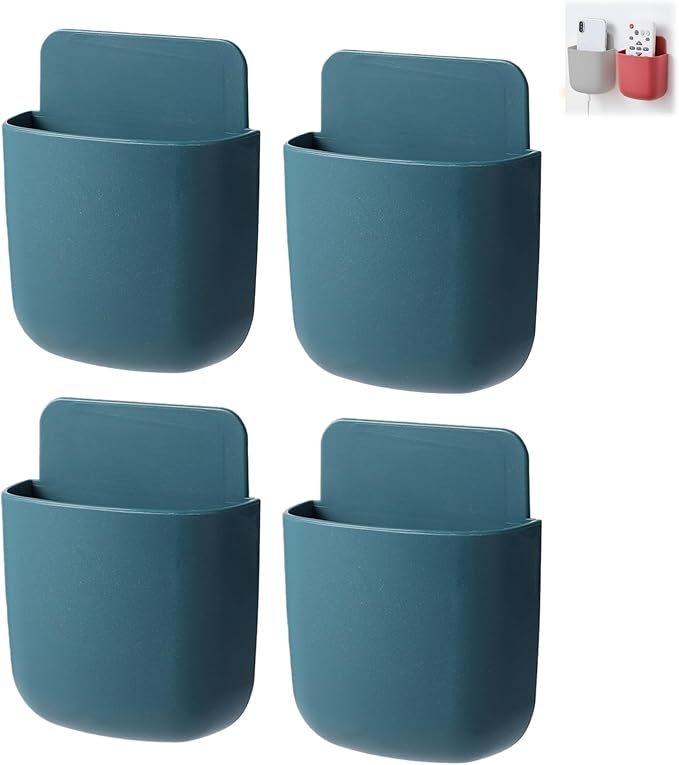4-Pack Adhesive Wall Organizer, Multipurpose Stick-on Storage Box for Remote Phone Pen Keys, for Kitchen Bathroom Office (4 Colors) (Blue)