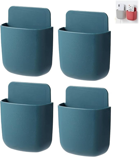 4-Pack Adhesive Wall Organizer, Multipurpose Stick-on Storage Box for Remote Phone Pen Keys, for Kitchen Bathroom Office (4 Colors) (Blue)