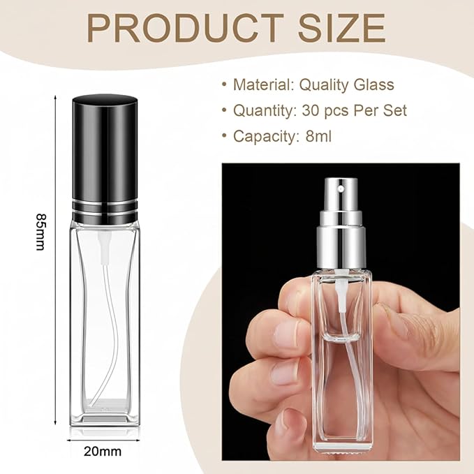 Domensi 30 Pcs 8 ml Empty Glass Perfume Bottles Bulk - Black Refillable Cologne Spray Atomizer with Pump, for Travel, Skincare, Haircare, Cleaning & DIY Essentials