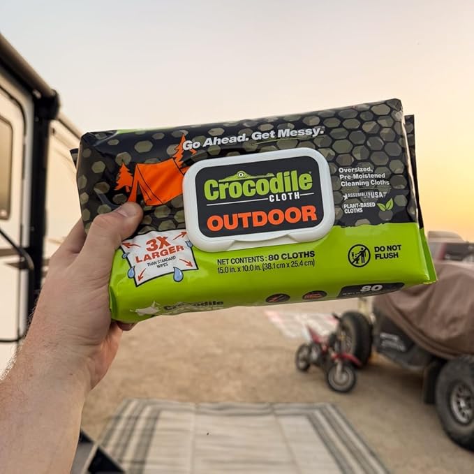 Crocodile Cloth Outdoor Cleaning Wipes – 8 Packs/640 Total Count Plant-Based Cloths (15"x10"), Skin Safe, Pre-Moistened, Aloe & Vitamin E Infused, Large, Absorbent, Multi-Surface Disposable Wipes