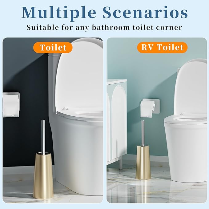 2 Pack Toilet Brush and Holder-with 304 Stainless Steel Long Handle-Toilet Bowl Brush for Bathroom (Champagne Gold)