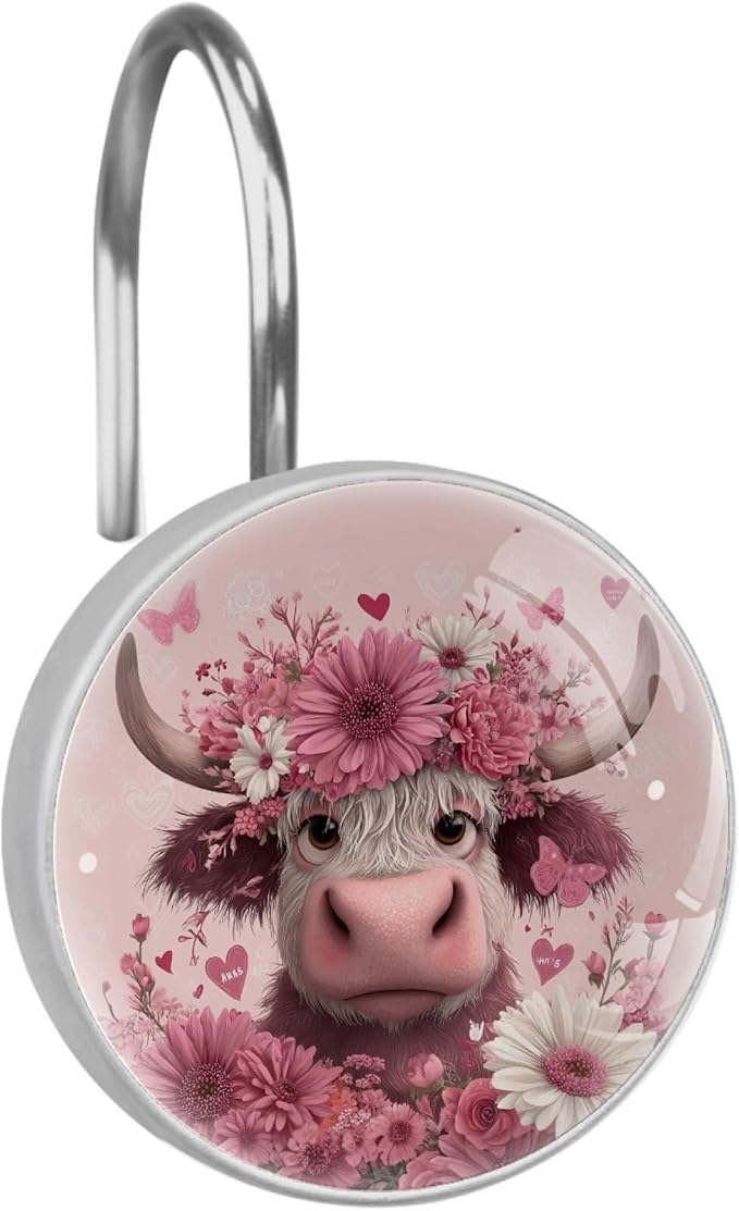 Highland Cows and Florals Rust Proof Shower Curtain Hooks 12Pcs for Bathroom Shower Rod, Decorative Shower Hooks Shower Curtain Hanger Rings Roller, Glass, Resin, Stainless Steel