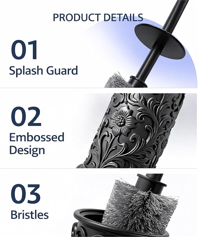 Black Toilet Brush and Holder Set, Floral Embossed Design Plastic Toilet Bowl Brush Set with Durable Bristles, Space-Saving Bathroom Cleaning Tool for Modern Decor