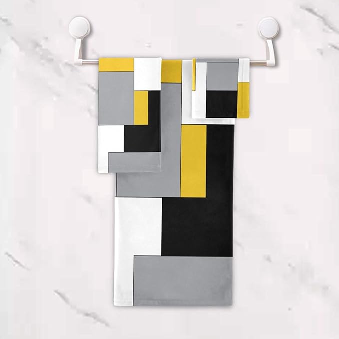 Yellow Black Geometric Bath Towels Set,Ultra Soft 3 Piece White Grey Abstract Modern Towels for Bathroom,1 Bath Towel 1 Hand Towel 1 Washcloth,Absorbent Quick Dry Decoractive Bathroom Towels