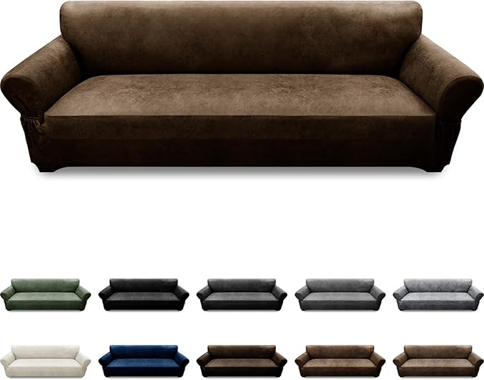 Oversized Sofa Slipcover Leather Look Couch Cover for 4 Seater Sofa 1-Piece Sofa Cover Stretch Furniture Protector with Elastic Bottom & Pockets(XL Sofa, Dark Brown)