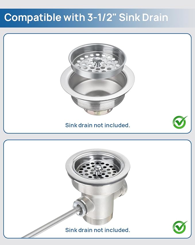 Commercial-Grade Sink Drain Strainer for 3-1/2" Drain, Shallow Basket Strainer Food Catcher, Waste Drain Lever Cover, for Kitchen Utility Industrial Sink, Larger Drain Hole, 304 Stainless Steel