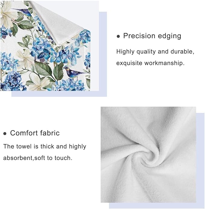 Blue White Floral Bath Towels Set,Absorbent Soft 3 Piece Spring Birds Hydrangea Hibiscus Flower Towels for Bathroom,1 Bath Towel 1 Hand Towel 1 Washcloth,Quick Dry Decoractive Bathroom Towels