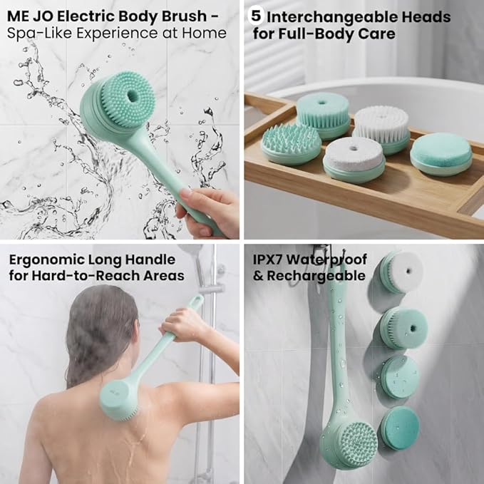 ME JO Electric Body Brush Back Scrubber for Shower | Massaging Spin Brush | 5 Replacement Heads | Waterproof | Rechargeable |Shower Back Scrubber for Men Women | Exfoliating Bath Brush(Green)