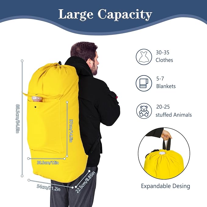 Sanlykate Canvas Backpack Laundry Bag - Extra Large Durable Dirty Clothes 2-3 Days Capacity with Adjustable Shoulder Strap & Front Pocket, for College Dorm, Apartment, Laundromats, Camping Travel