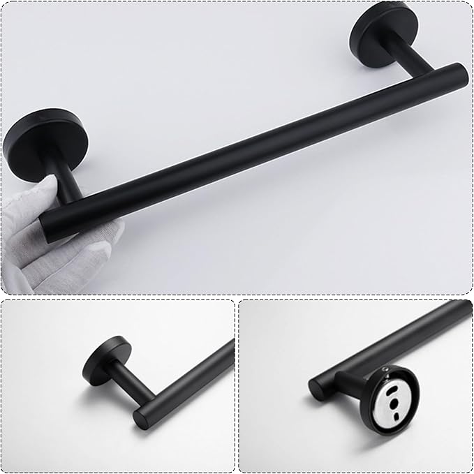 12 PCS Matte Black Round Towel Bar Set, Bathroom Towel Bar Set Include 24 inch,16 inch Towel Bar, Toilet Paper Holder, Towel Ring, Towel Hooks, Stainless Steel Bathroom Accessories Set