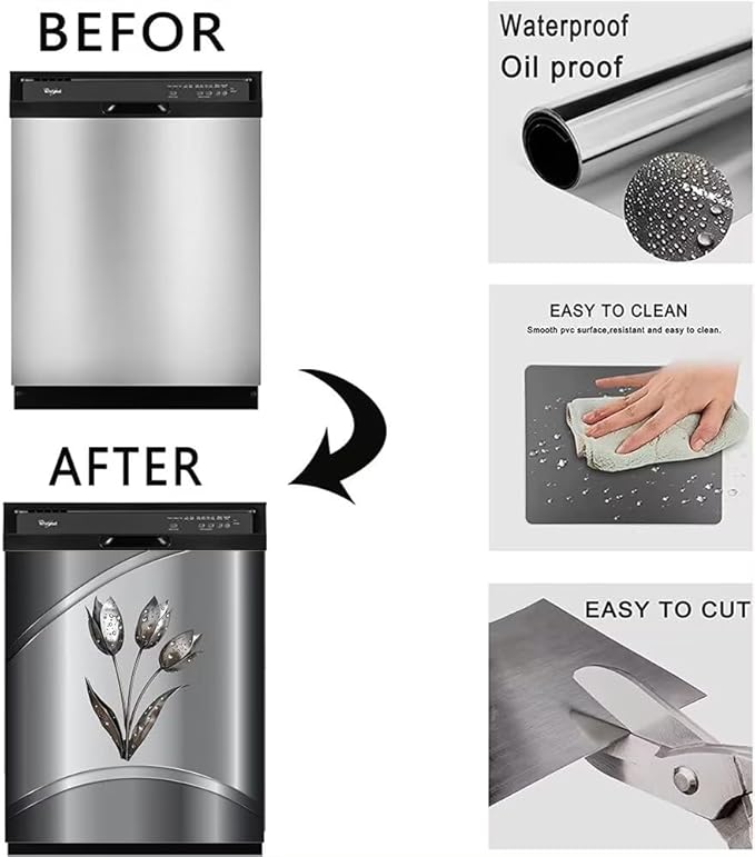 Gray Metallic Flower Pattern Magnet Dishwasher Cover Stainless Steel Magnetic Cover, Kitchen Dishwasher Door Magnet Cover Panel Refrigerator Decortive Sticker (23" x 26" Magnetic)