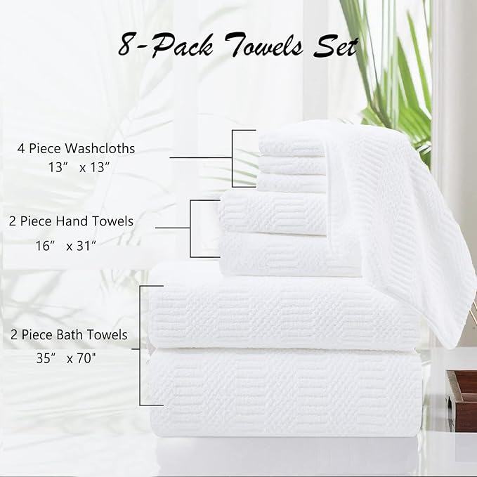 8 Piece Oversized White Bath Towel Set-2 Extra Large Bath Towel Sheets,2 Hand Towels,4 Washcloths-600GSM Soft Highly Absorbent Quick Dry Beach Chair Towels Woven Towels for Bathroom Hotel and Spa