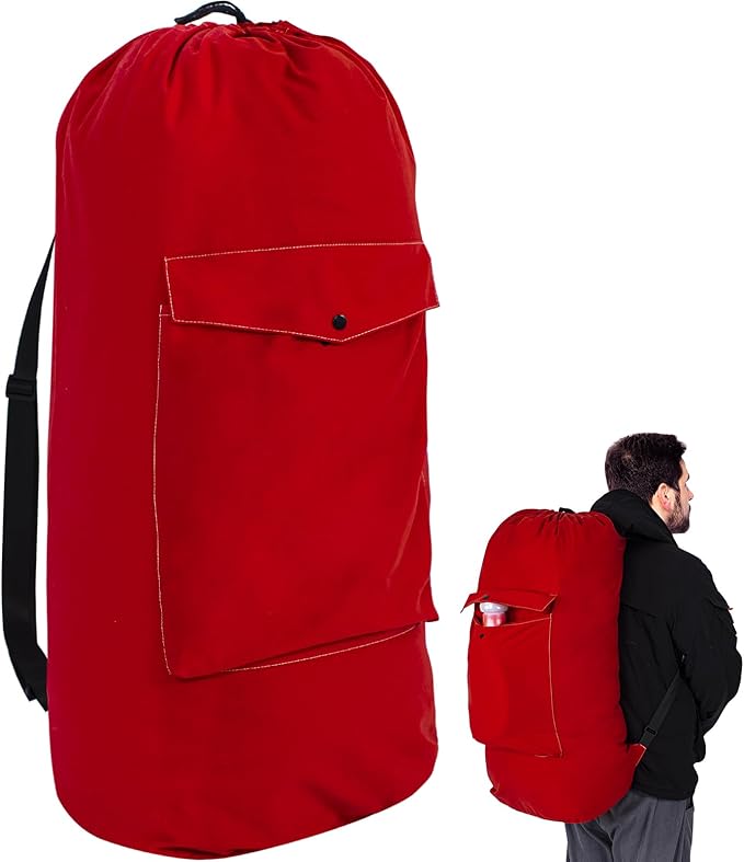Sanlykate Canvas Backpack Laundry Bag - Extra Large Durable Dirty Clothes 2-3 Days Capacity with Adjustable Shoulder Strap & Front Pocket, for College Dorm, Apartment, Laundromats, Camping Travel