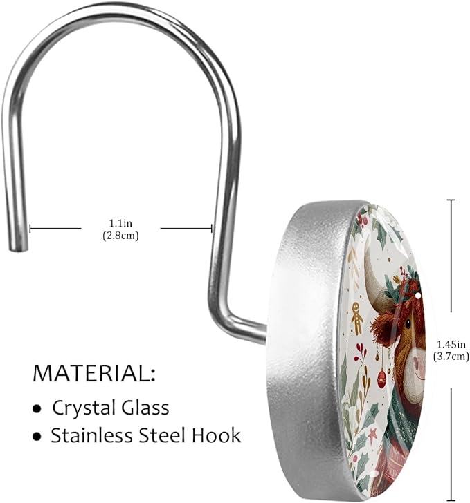 Highland Cows and Leaves Rust Proof Shower Curtain Hooks 12Pcs for Bathroom Shower Rod, Decorative Shower Hooks Shower Curtain Hanger Rings Roller, Glass, Resin, Stainless Steel