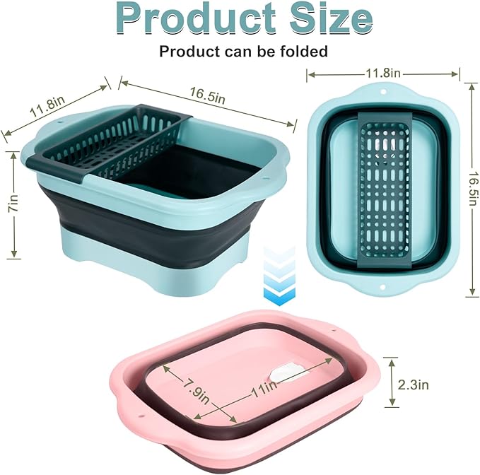 2-Pack Foldable Wash Basin for Vegetables,Collapsible Portable Sink Set in Pink & Green,Kitchen Storage Tray-Laundry,Dishes,Indoor,Outdoor,RV & Camping-Leak-Proof Drain Design