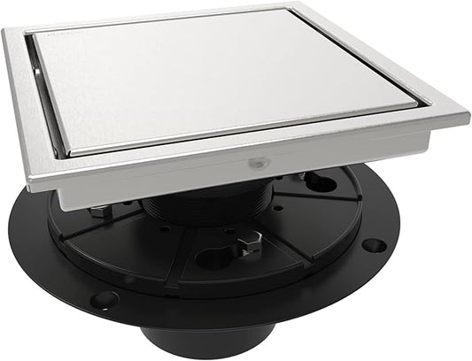ELLO&ALLO 6 Inch Square Shower Floor Drain with Flange,Quadrato Pattern Grate Removable, SUS 304 Stainless Steel in Brushed Nickel