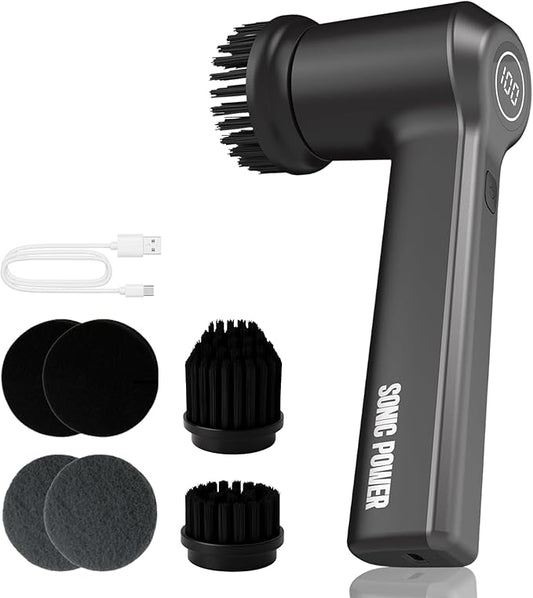 Electric Spin Scrubber – Handheld & Ergonomic, IPX7 Waterproof, 4 Multi-Purpose Brush Heads, Long-Lasting Rechargeable Battery – Cleans Dishes, Bathroom, Tile, Grout & Kitchen (Black)