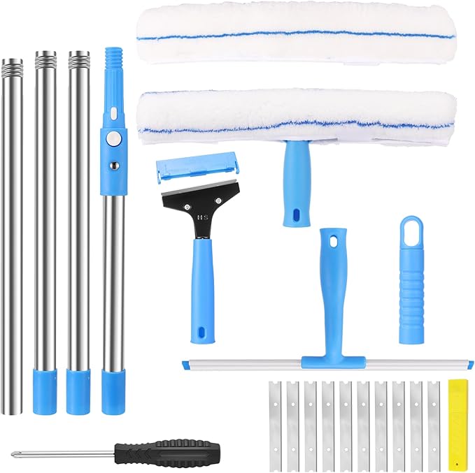 5 Feet Professional Window Cleaning Kit Extendable Window Mop with 61" Long Handle 14" Extra-Large Squeegee for Windshield Mirror Shower, with Blade Floor Scraper Tool