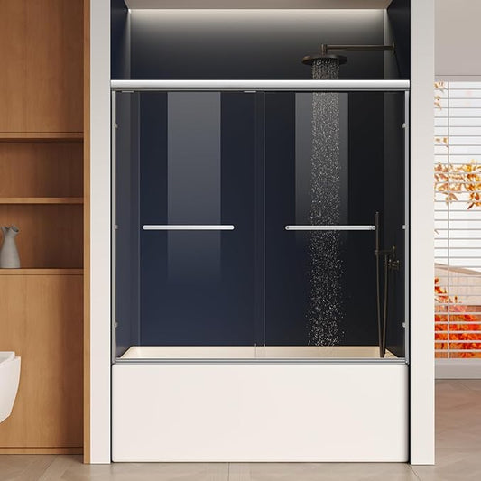 Bathtub Shower Door, 50-60" W x 57" H Shower Glass Door, Semi-Frameless Double Sliding Bathroom Tub Shower Door with 1/4 inch Clear Tempered Glass, Chrome