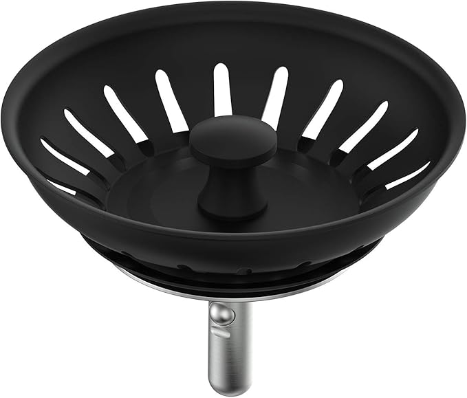 KANARY Stainless Steel Kitchen Sink Strainer Basket-Replacement for Standard Drains(3-1/8 inch)-Ball-lock Rubber Stopper (Single, Matte Black)