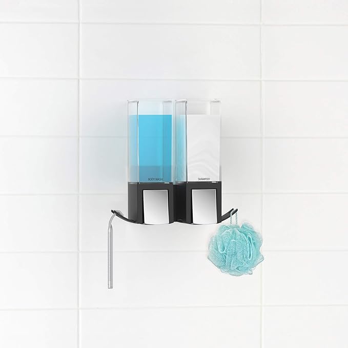 Better Living Clever Double Shower Dispenser 2 Chamber, Wall Mount Shower Soap Dispenser for Bathroom Hotel Body Wash, Storage Hooks, No Drill, Waterproof Shampoo Soap Dispenser, 2 x 17 oz, Black