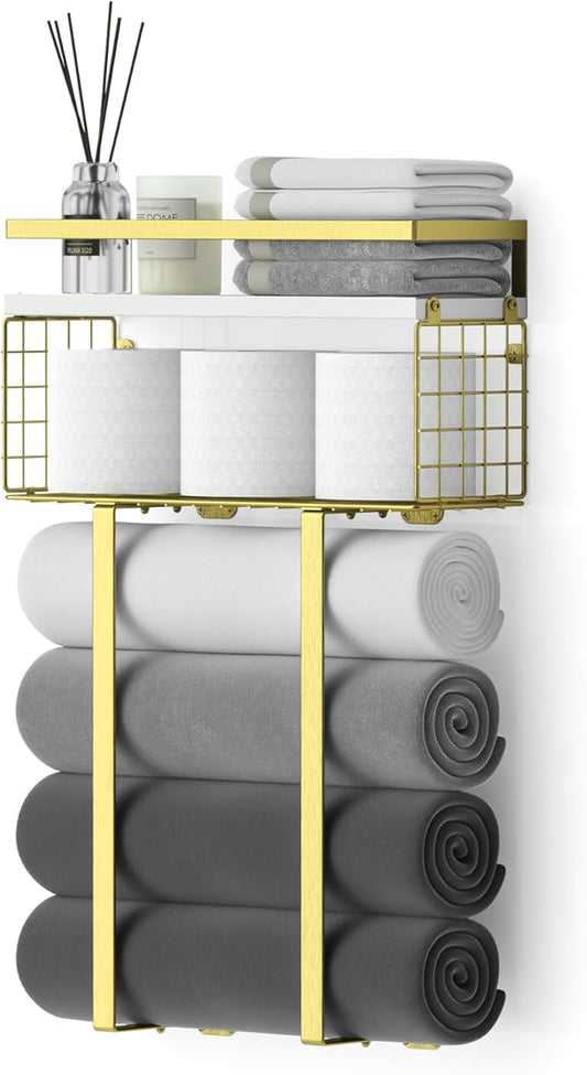 Bathroom Floating Shelves with Towel Rack, Toilet Paper Holder & Basket, Gold