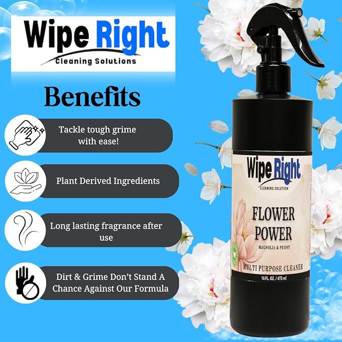 Wipe Right Cleaning Solutions-Multipurpose "Flower Power" Cleaner. Plant Based 16 oz. Household Daily Cleaner. Magnolia & Peony Scented. Use in Kitchen, Bathroom, countertop,Walls,Fridge,Stove