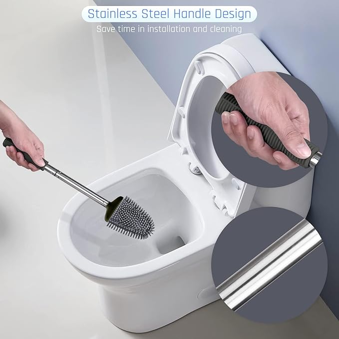 Sellemer Toilet Brush and Holder Set - Flexible Toilet Bowl Brush Head with Silicone Bristles, Compact Size for Storage and Organization, Ventilation Slots Base (3 Pack, Black)