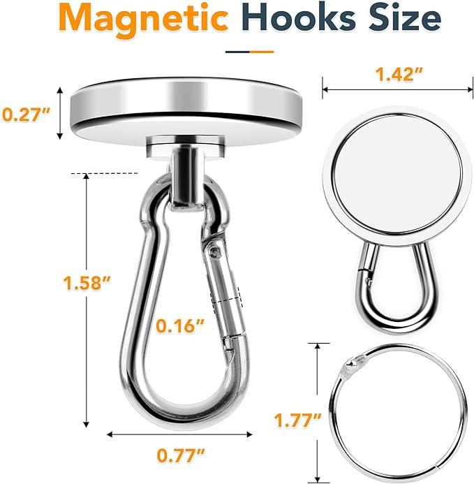 MIKEDE Magnetic Hooks Heavy Duty, 150LB Strong Swivel Neodymium Magnets with Magnetic Carabiner Hooks, Powerful Magnet Hooks for Hanging, Cruise Ship, Curtain, Home, Workplace - 6 Pack