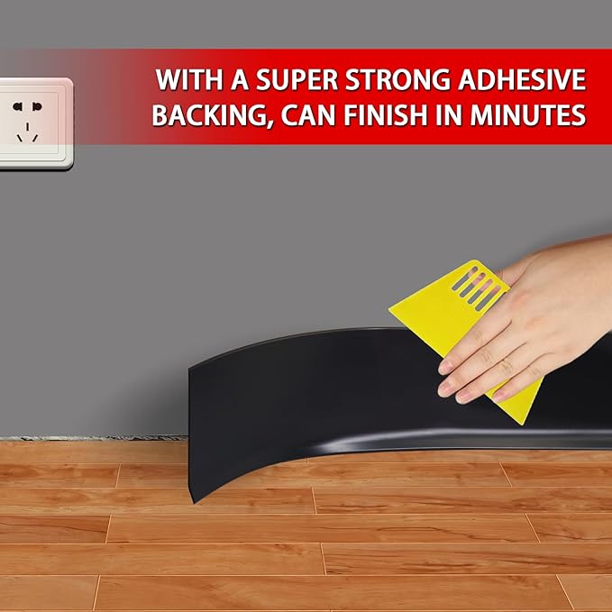 Vinyl Wall Base Baseboard Molding Trim 6" Flexible Self Adhesive Rubber Wall Base Moulding Trim Peel and Stick Design, 6 Inch x 20 Feet, Black